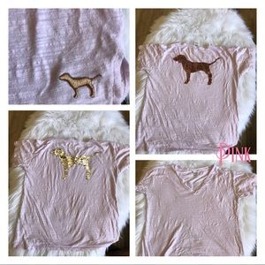 PINK Pink V Neck T-SHIRT with Large Sequined Dog